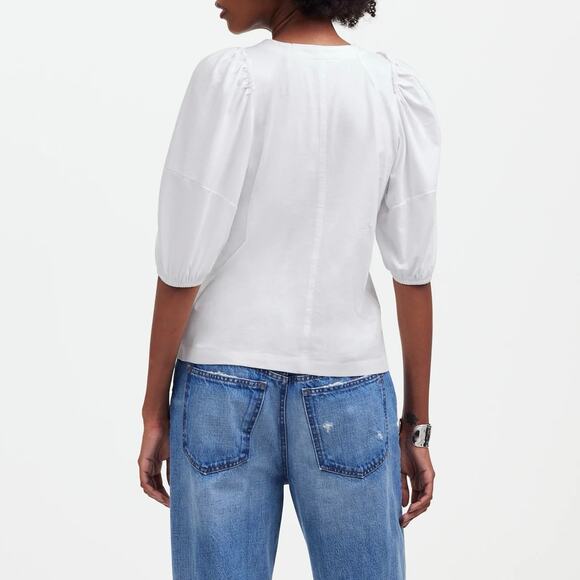 NWT Madewell Puff Sleeve Ruffle Trim Cotton Jersey Tee In White Size Medium - Picture 2 of 11